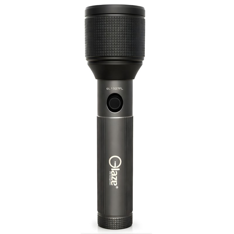 جليز مصباح يدوي LED قابل لإعادة الشحن، طاقة عالية 15 واط، مدى إضاءة يصل إلى 400 متر، بطارية ليثيوم أيون 18650، شحن USB، عمر افتراضي يصل إلى 100,000 ساعة، مصباح يدوي شديد التحمل GL1327FL - أسود - Image 1